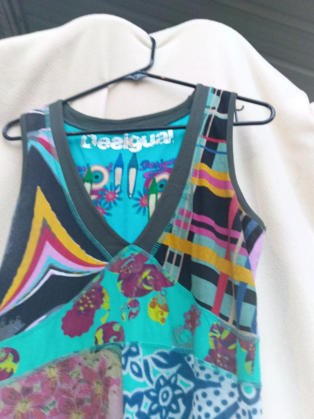 Desigual Turquoise Navy Floral Patchwork V‑Neck Midi Dress - Picture 3 of 6
